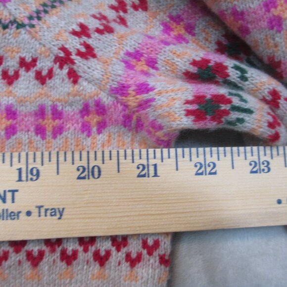 J. CREW Puff-Sleeve Fair Isle Crewneck Sweater Cherry Print Tan Pink Sz Large - Picture 10 of 12